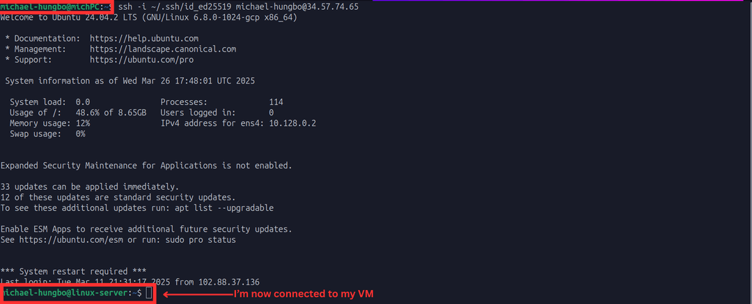 terminal showing the linux VM server